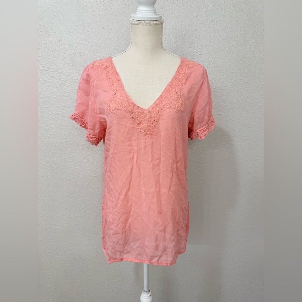 Johnny Was Coral Pink V-Neck Lace Trim Blouse
